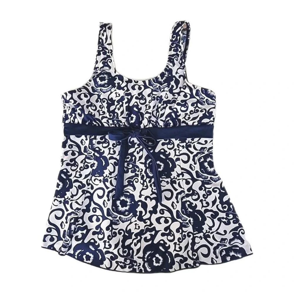 Women's Medium Tankini Swim Top‎ Blue/White Floral Soft Cup Stretch Classic EUC